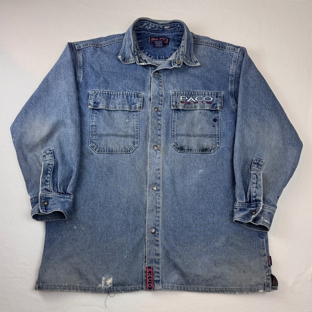 Vintage Paco Denim Shirt Jacket Shacket Blue Embroidered Logo Heavyweight L